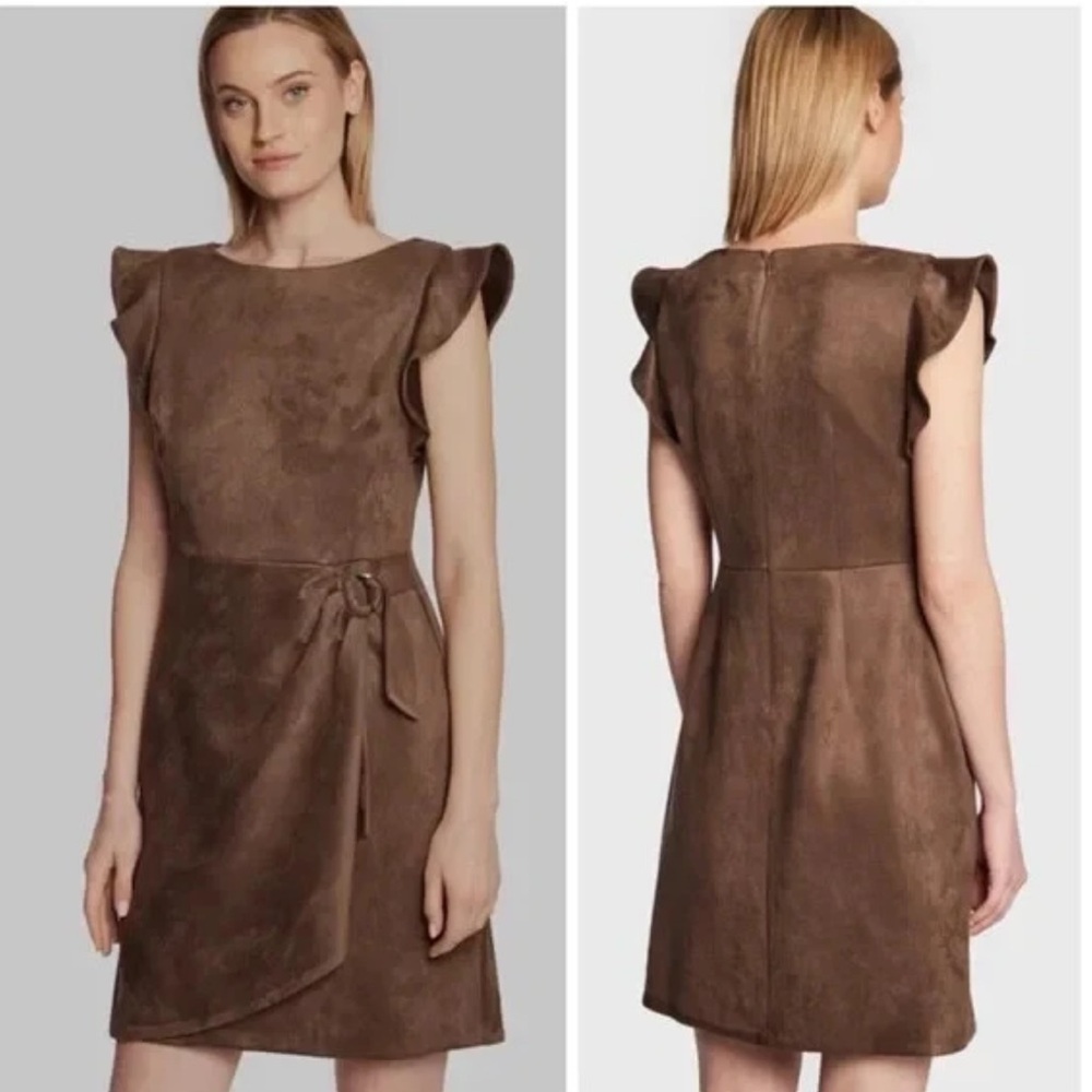 •DKNY• NWOT Flutter Sleeve Faux Suede Tulip Sheath Dress in Toffee Brown‎ Size 4